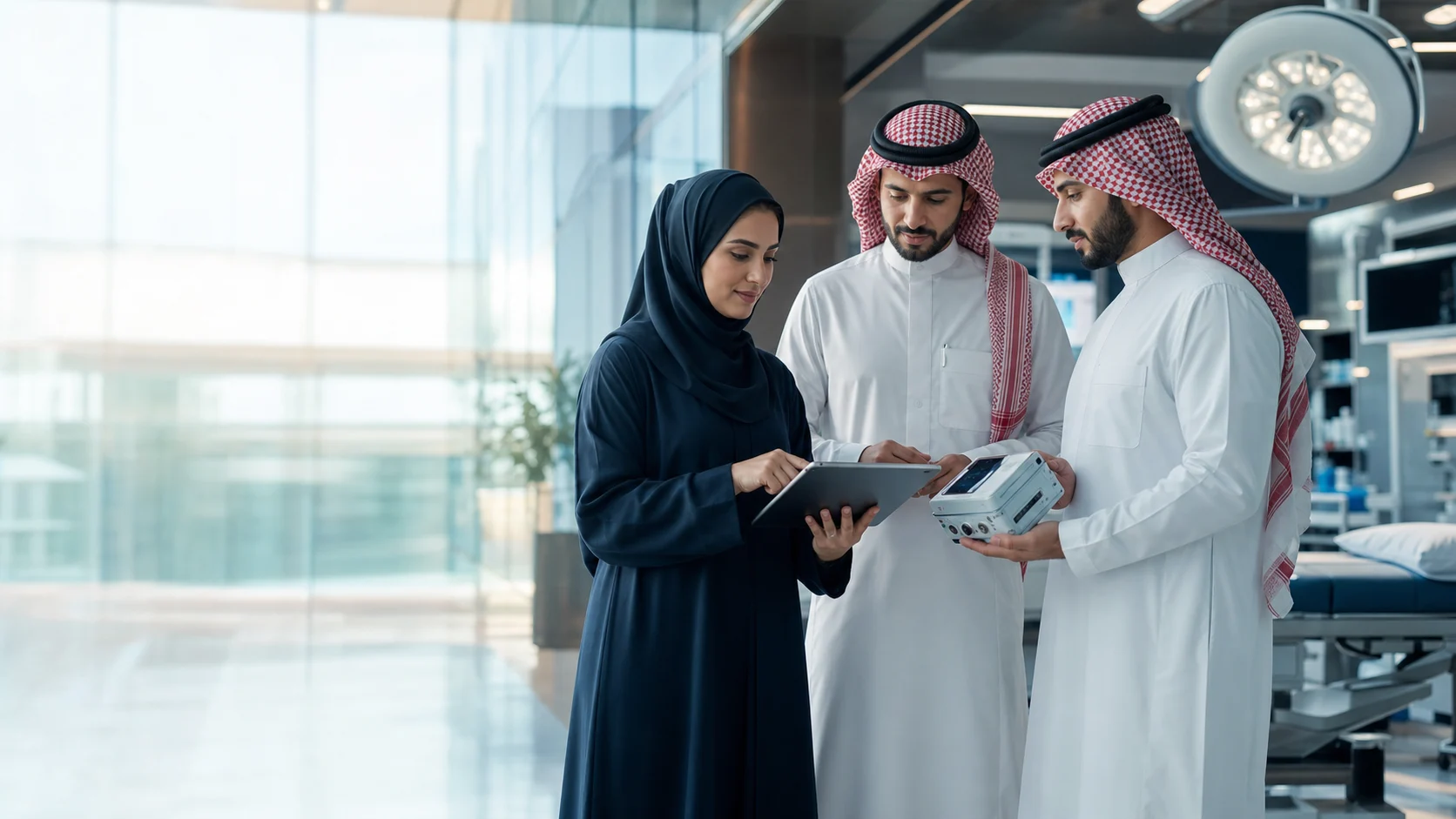 فريق سعودي يناقش جهازًا طبيًا داخل منشأة صحية